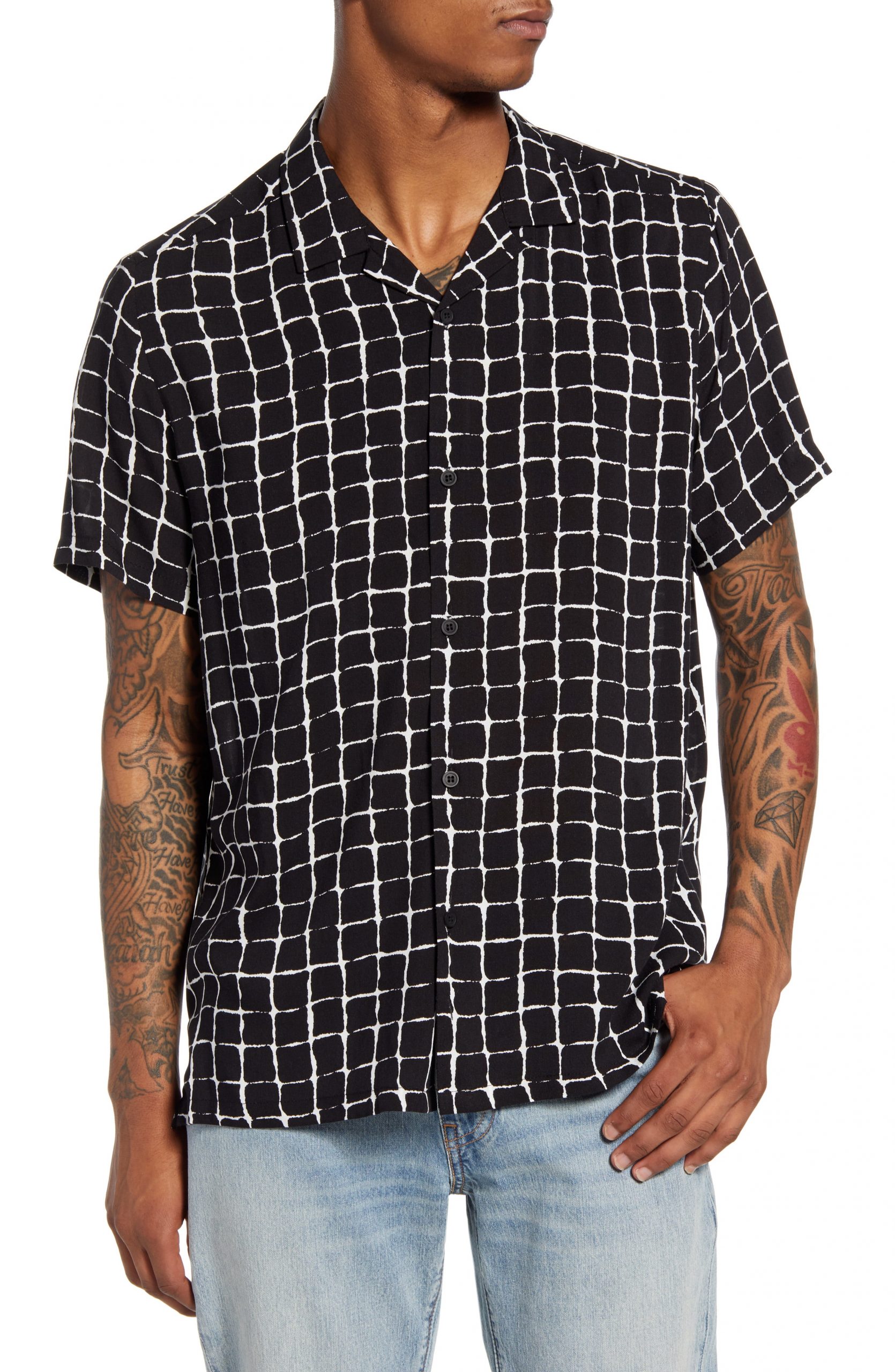 Men's Topman Geo Print Short Sleeve Button-Up Camp Shirt ...
