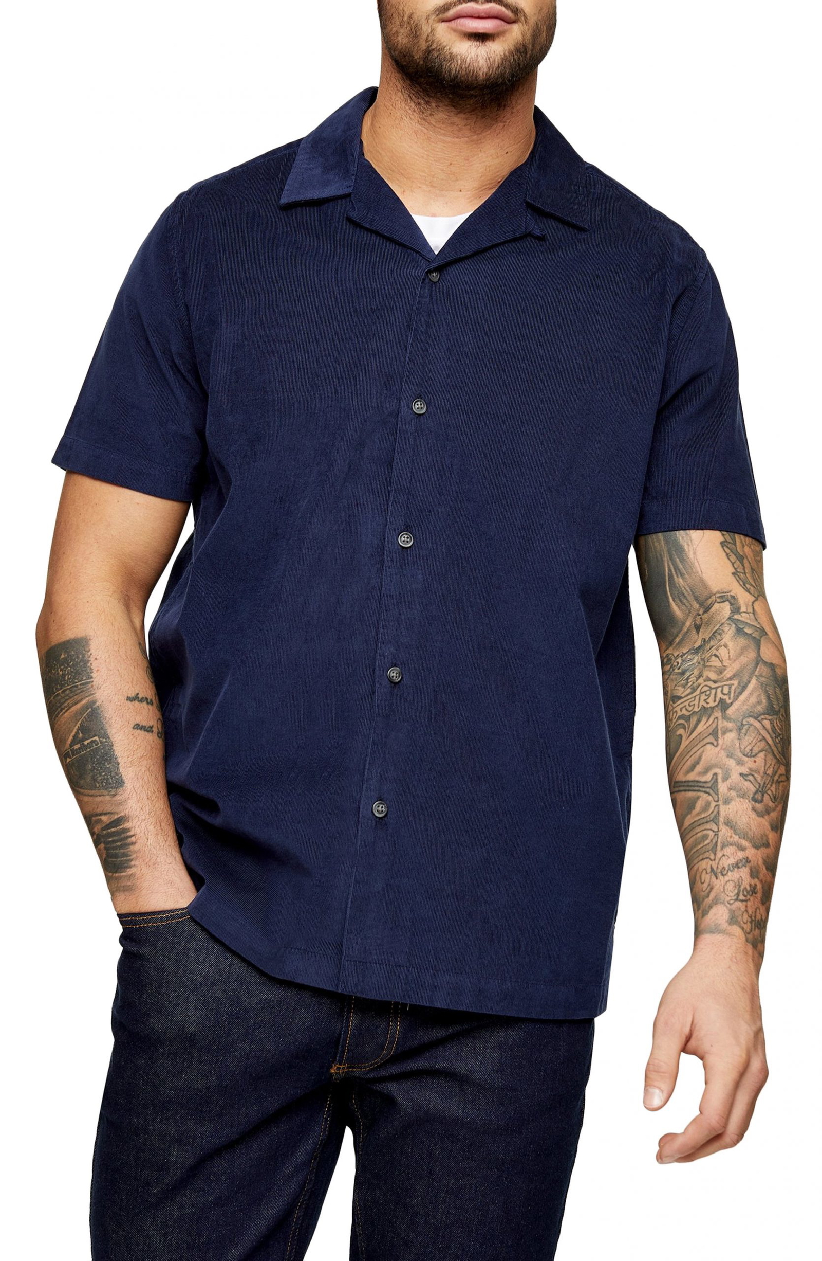 navy blue button up shirt short sleeve
