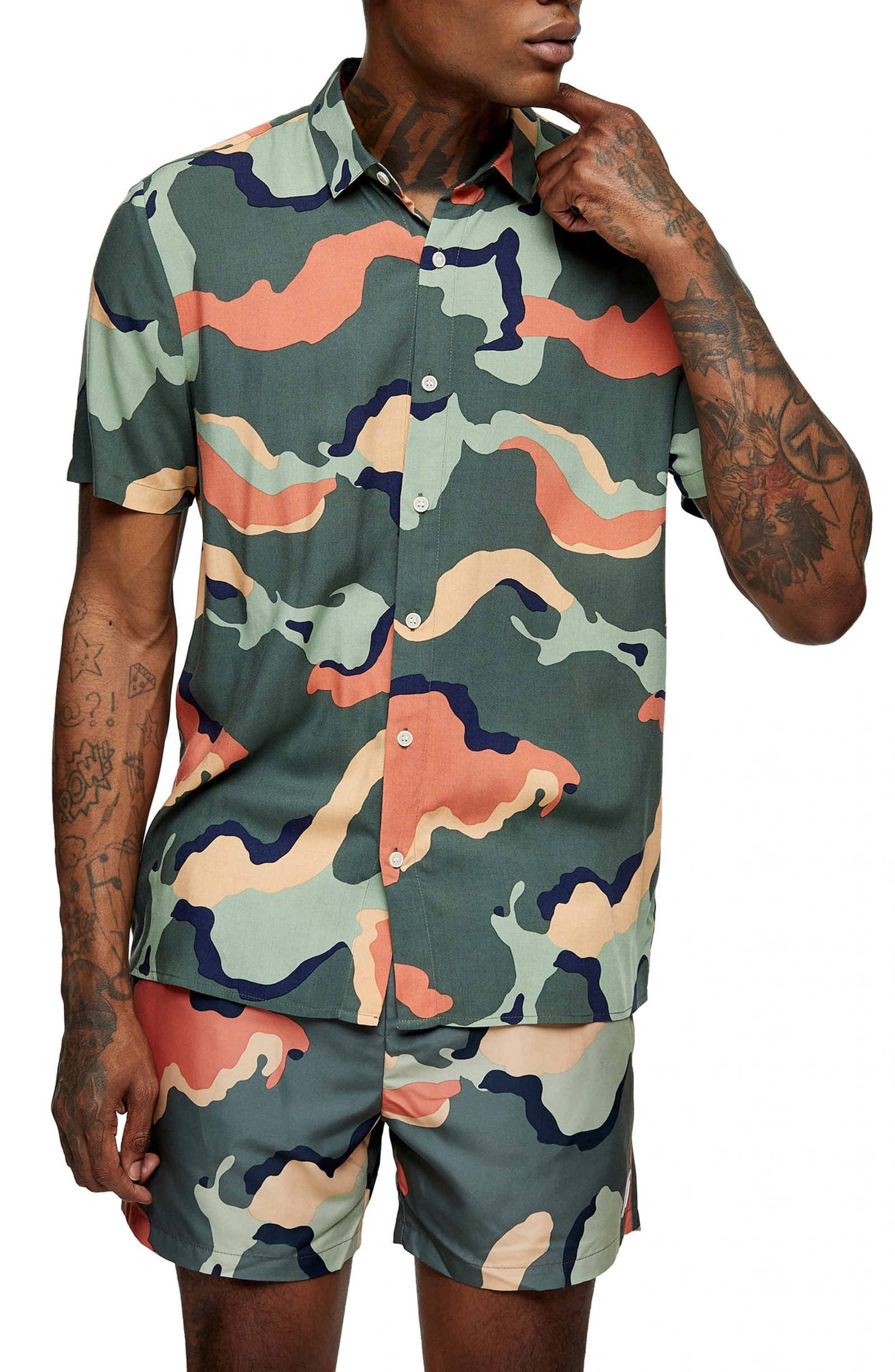 Men's Topman Slim Fit Camouflage Short Sleeve Button-Up ...