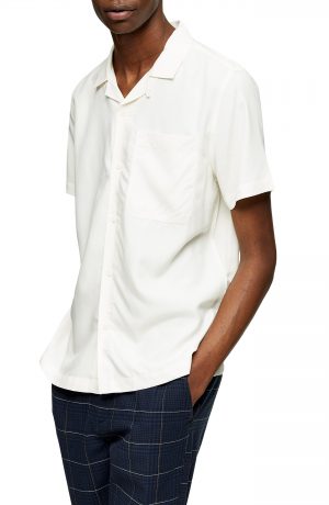 Men's Topman Slim Fit Solid Short Sleeve Button-Up Shirt, Size Large - Ivory Men's Topman Slim Fit Solid Short Sleeve Button-Up Shirt, Size Large - Ivory