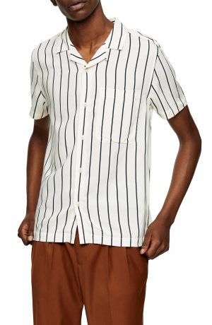 Men's Topman Stripe Short Sleeve Button-Up Camp Shirt, Size Medium - Ivory Men's Topman Stripe Short Sleeve Button-Up Camp Shirt, Size Medium - Ivory
