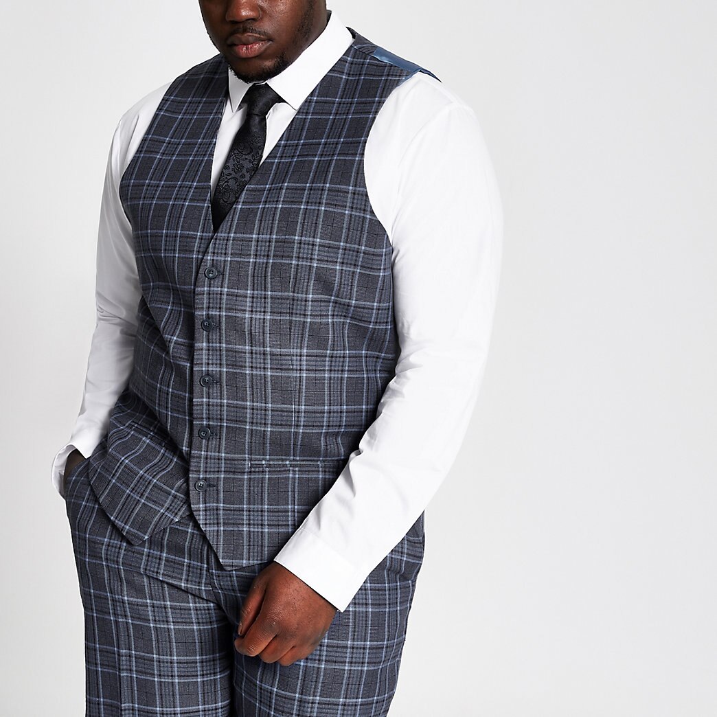 River Island Mens Big and Tall blue check suit waistcoat | The Fashionisto