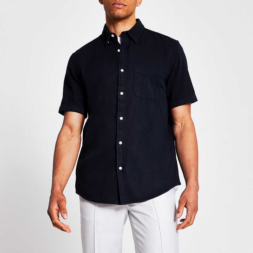 River Island Mens Black short sleeve regular fit twill shirt | The ...