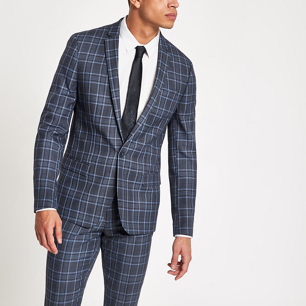River Island Mens Bright blue check skinny suit jacket The Fashionisto