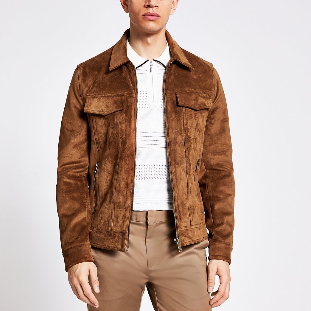 River Island Mens Brown suedette zip Western jacket | The Fashionisto