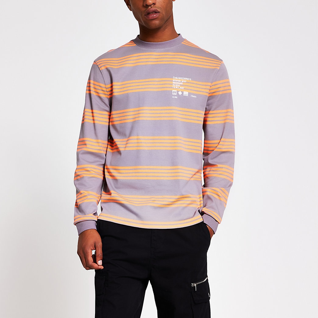 River Island Mens Grey stripe long sleeve T-shirt | The Fashionisto