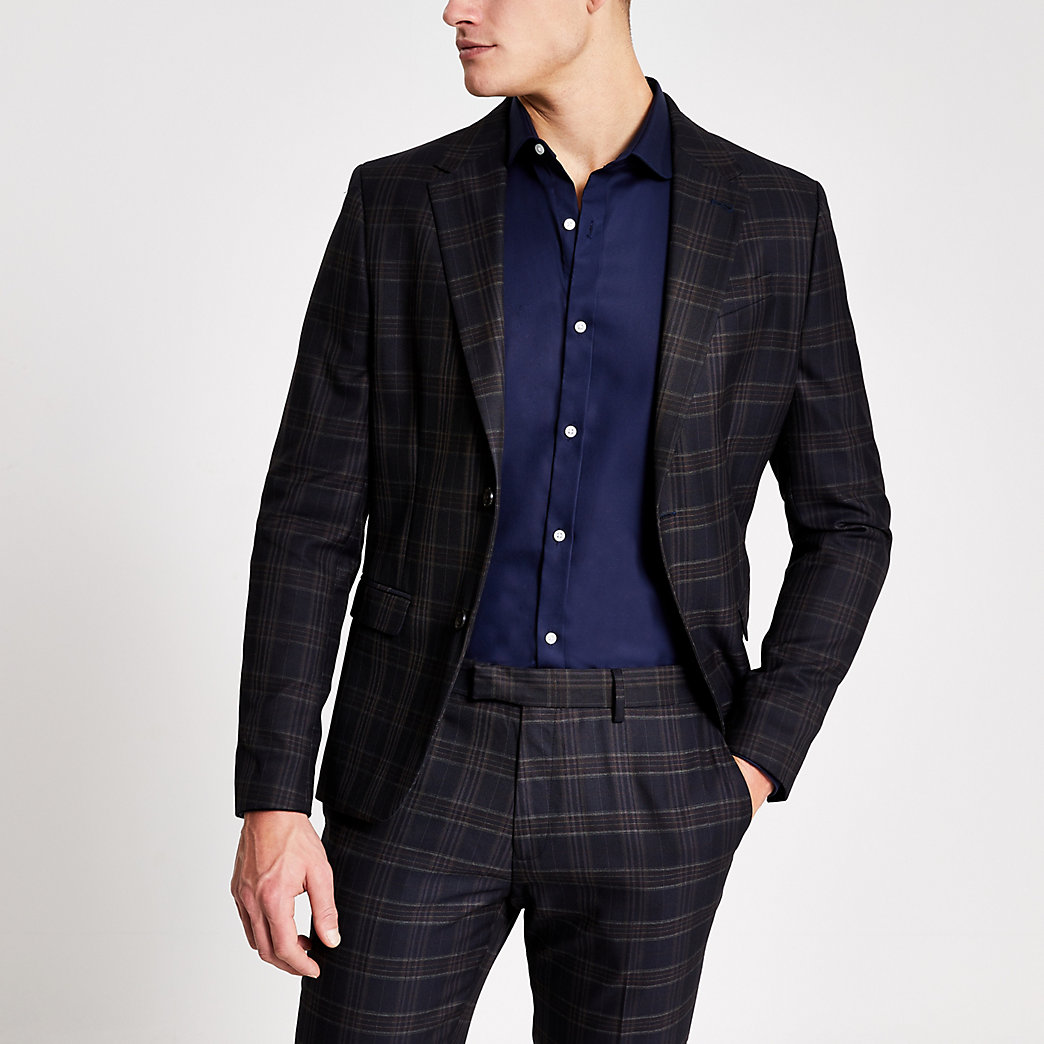 River Island Mens Navy check skinny fit suit jacket | The ...
