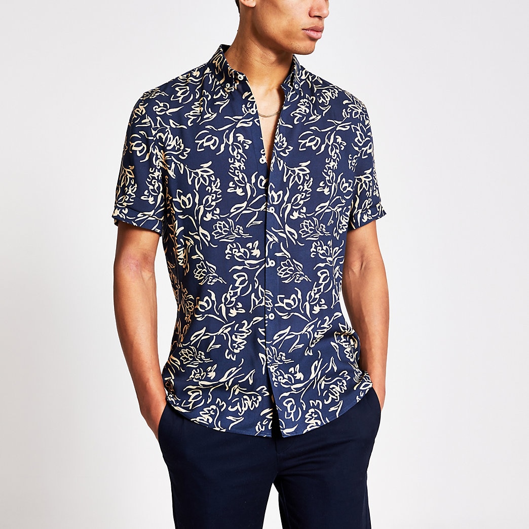 mens navy blue slim fit shirt