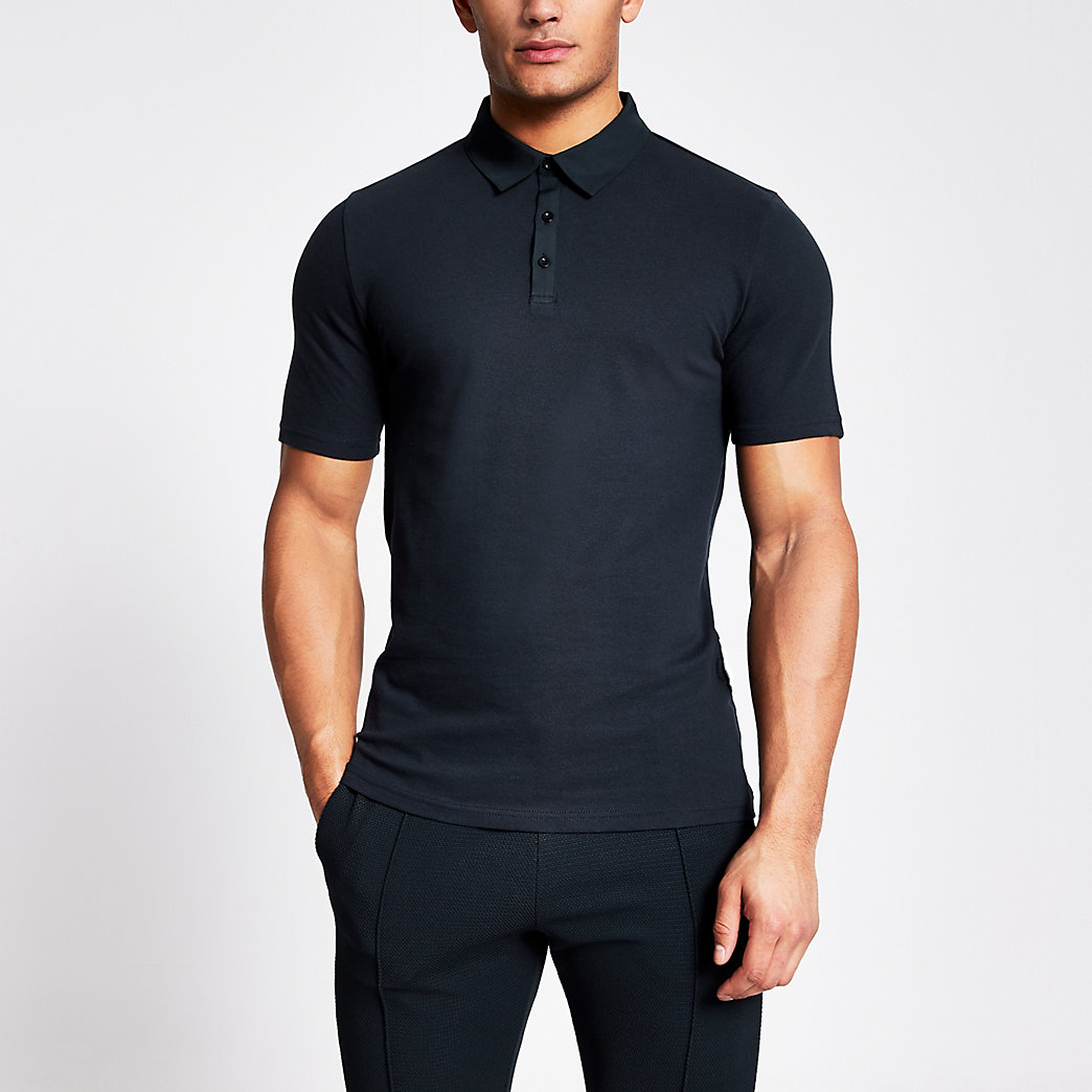 River Island Mens Navy muscle fit contrast collar polo shirt | The ...