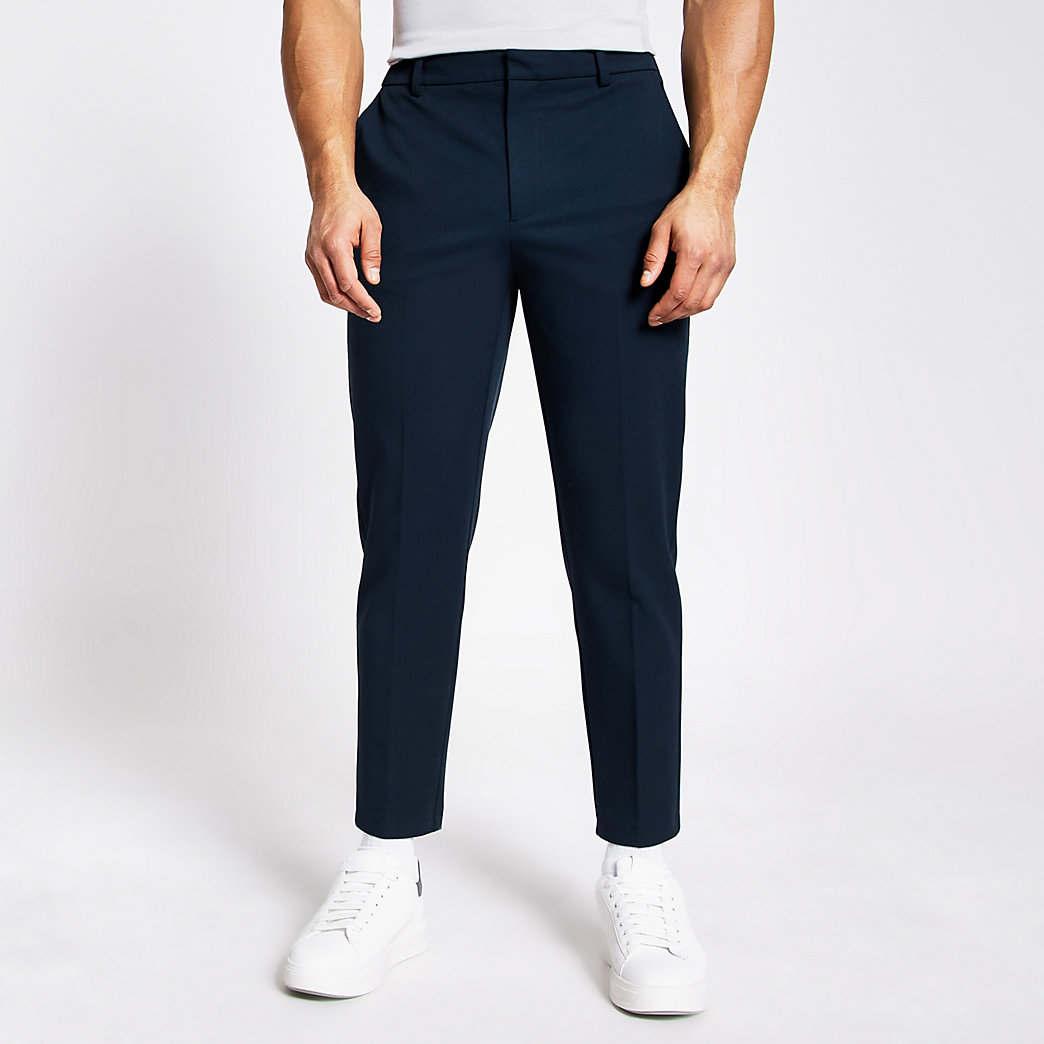 mens navy tapered trousers