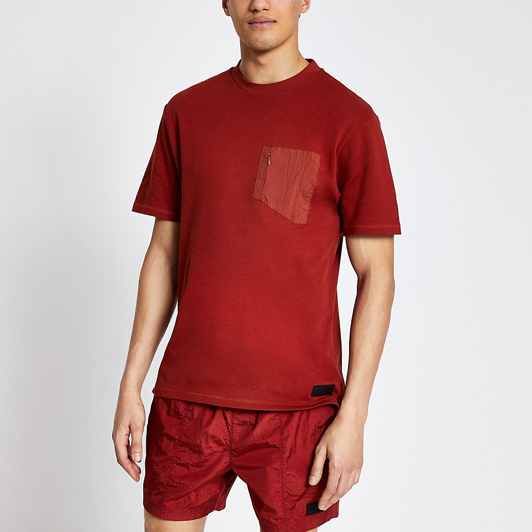 River Island Mens Pastel Tech red nylon pocket T-shirt | The Fashionisto