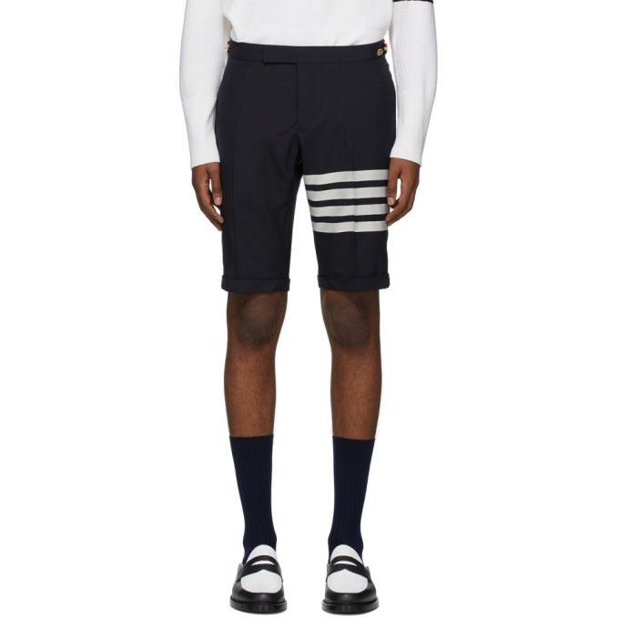 Thom Browne Navy 4-Bar Wool Shorts | The Fashionisto