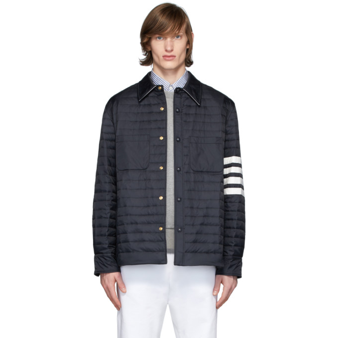Thom Browne Navy Down 4-Bar Quilted Shirt Jacket | The Fashionisto