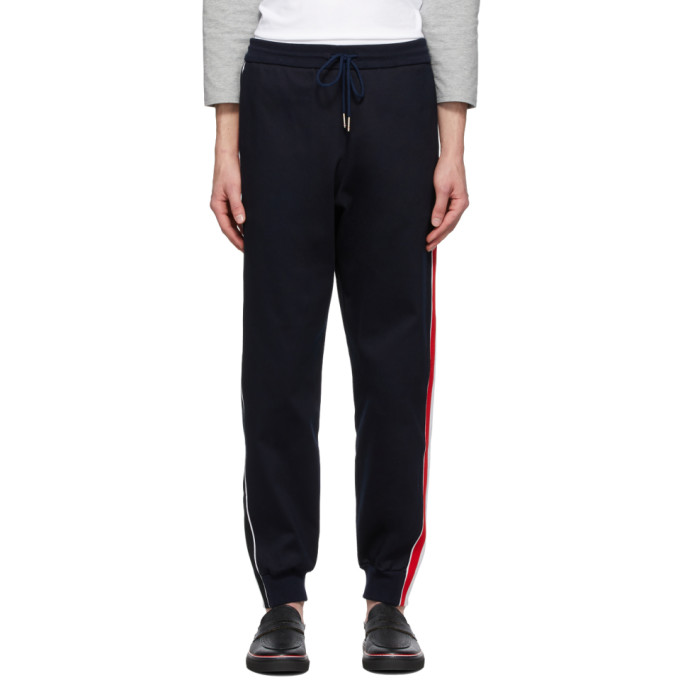 Thom Browne Navy Interlocking RWB Stripe Lounge Pants | The Fashionisto