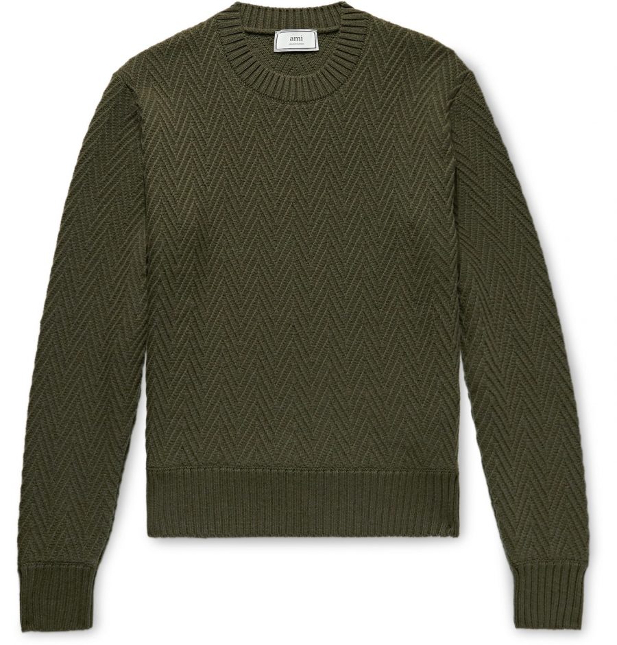 AMI - Slim-Fit Herringbone Wool Sweater - Men - Green | The Fashionisto