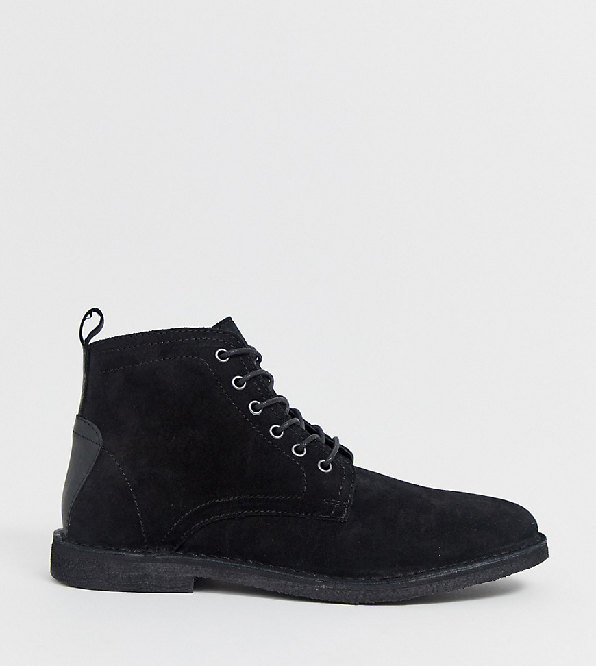 ASOS DESIGN Wide Fit desert chukka boots in black suede with leather ...