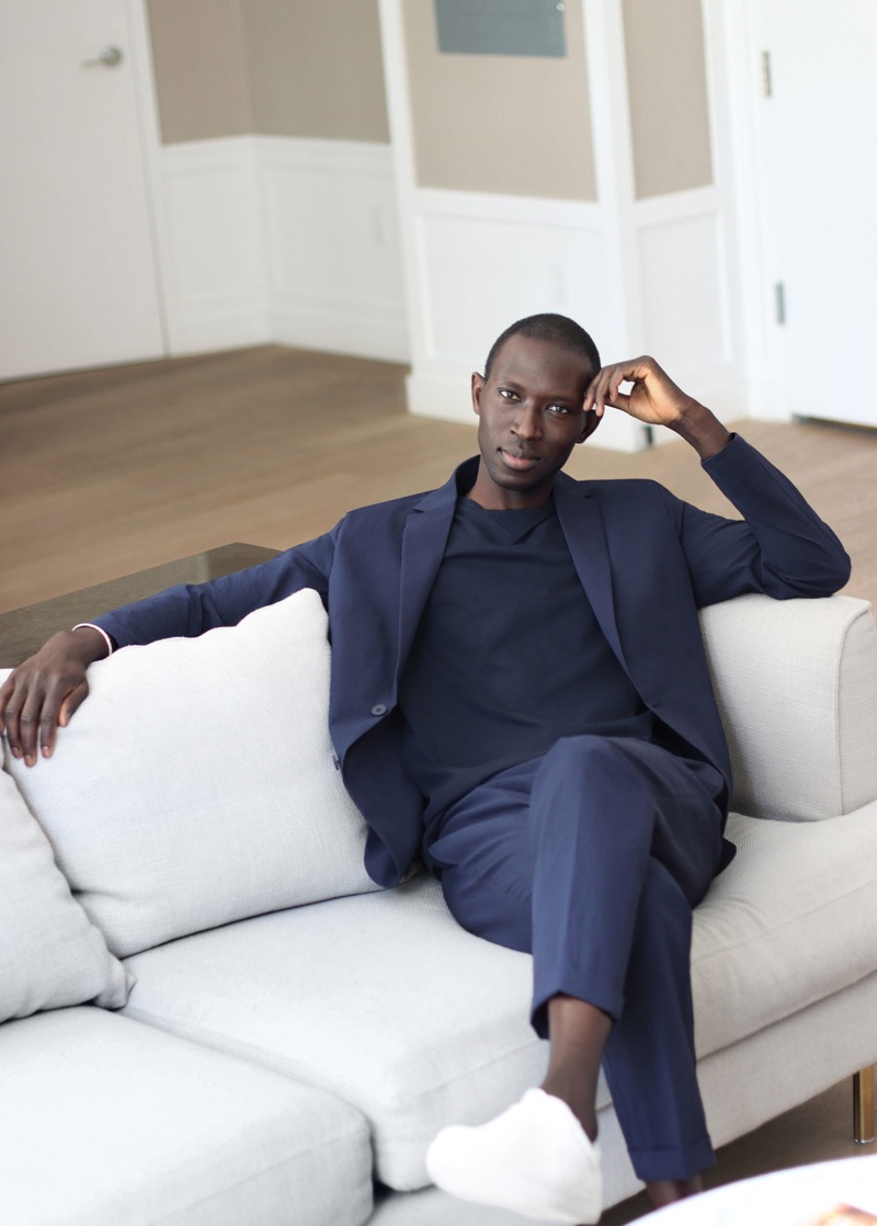 Armando Cabral dons a textured slim fit blazer and suit pants from Mango's Coolmax collection.