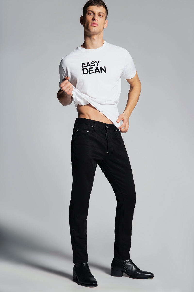 Easy, everyday style steals the moment as David Trulik models Dsquared2's black bull wash Skater jeans.
