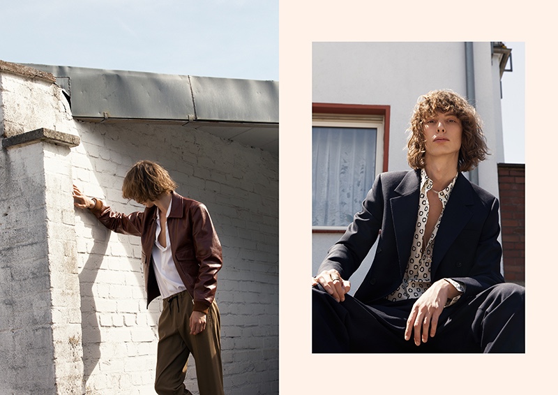 Starring in a new story, Casper Plantinga wears covetable Sandro pieces like a brown leather jacket.