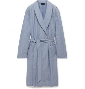 Hanro - Striped Mercerised Cotton-Chambray Robe - Men - Blue Hanro - Striped Mercerised Cotton-Chambray Robe - Men - Blue