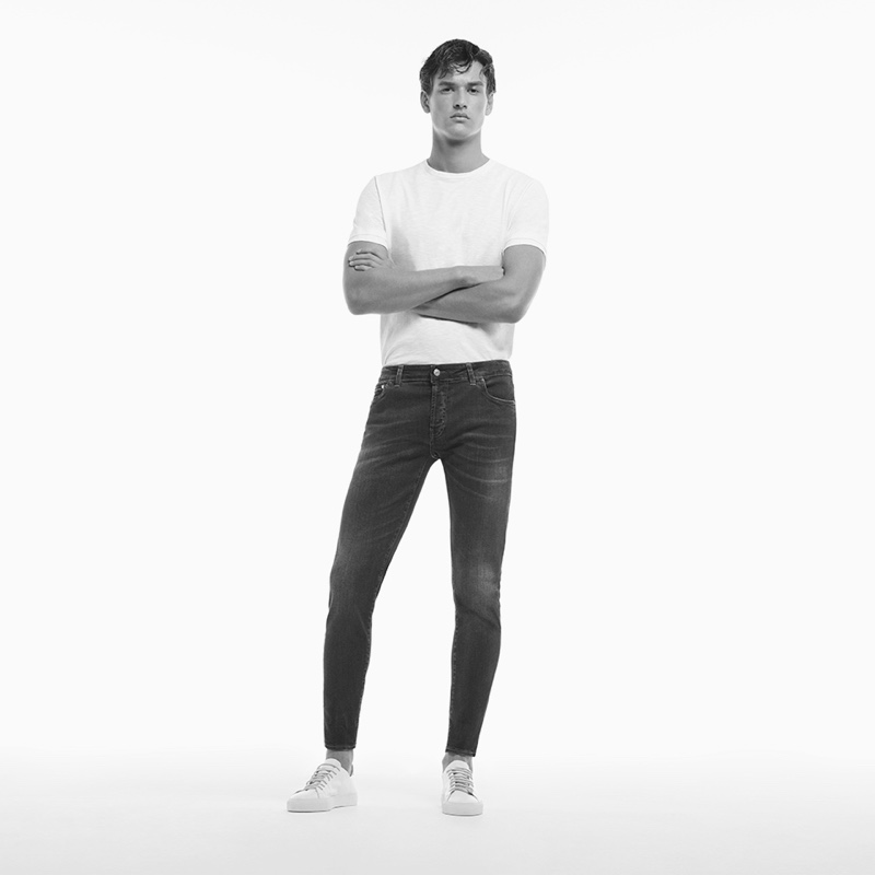Model Jegor Venned wears Liu Jo Uomo's skinny-fit denim jeans.
