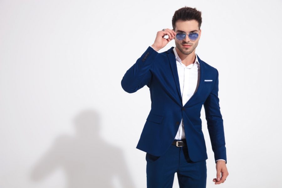 Man in Blue Suit and Sunglasses and Rings » What Is the Best Size for a Pocket Square? Man in Blue Suit and Sunglasses and Rings