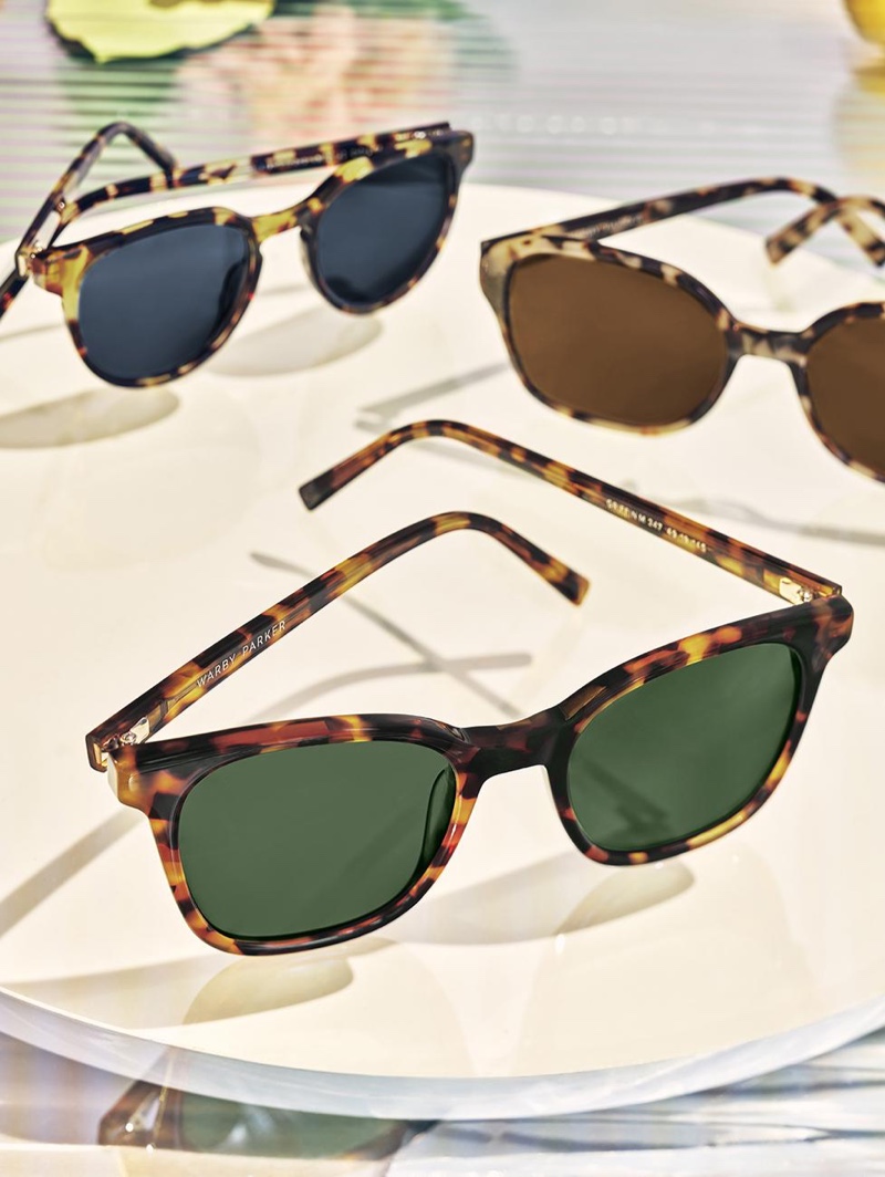 Warby Parker showcases its tortoise style sunglasses with its Wright, Lila, and Griffin models.