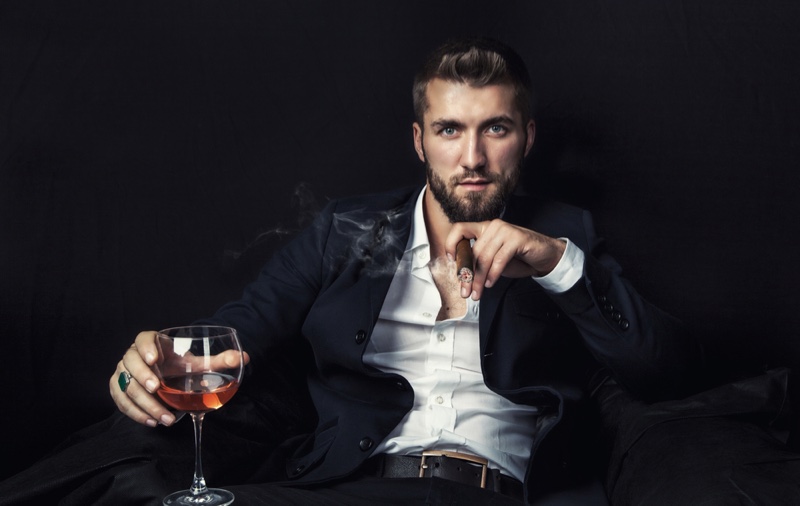Attractive Man Smoking Cigar Glass Wine