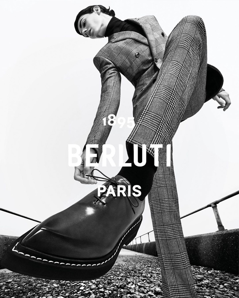 Appearing in a black and white image, Tobias Dionisi fronts Berluti's fall-winter 2020 campaign.