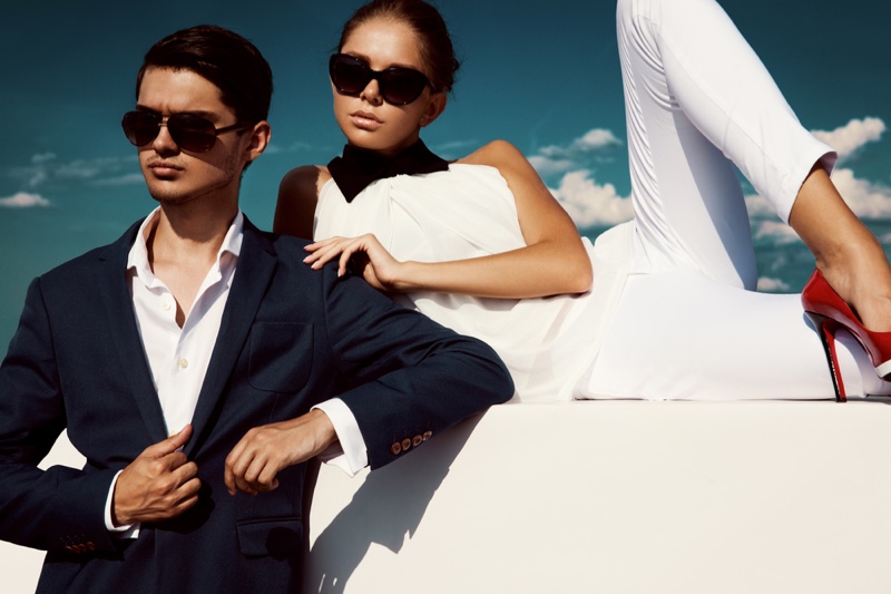 Couple Models Well Dressed Man Suit Woman White Sunglasses