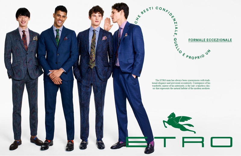 All smiles, Hang Yu, Jonas Barros, Tuur Sikkink, and Justin Eric Martin suit up for Etro.