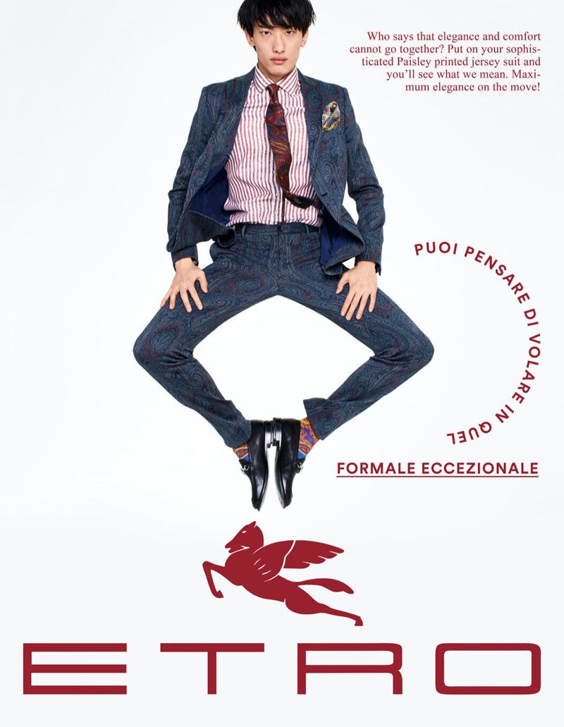 Hang Yu fronts Etro's tailoring campaign.