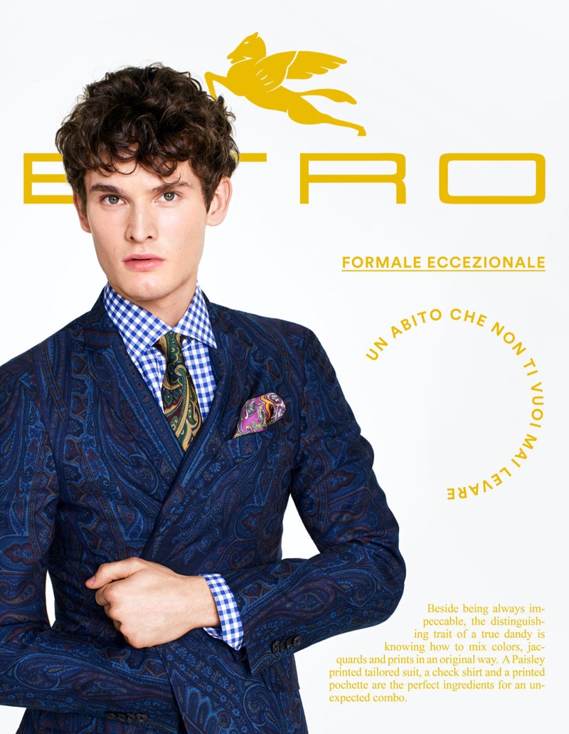 Tuur Sikkink dons a paisley suit for Etro's tailoring campaign.