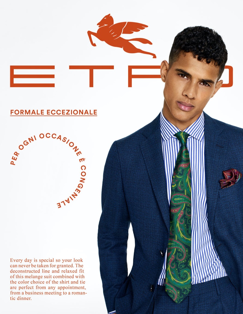 Jonas Barros dons a sharp suit for Etro's tailoring campaign.