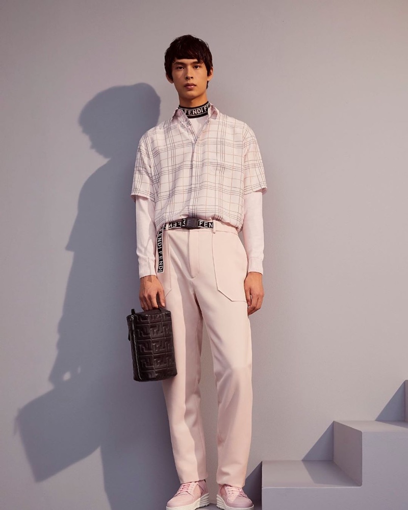 Hitting the studio, Yang Hao models a soft tailored look from Fendi's pre-fall 2020 collection.