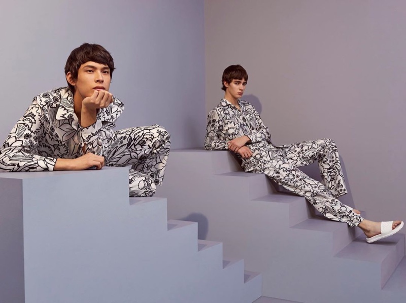 Models Yang Hao and Mitchell Gorthy don graphic black and white looks from Fendi's pre-fall 2020 collection.