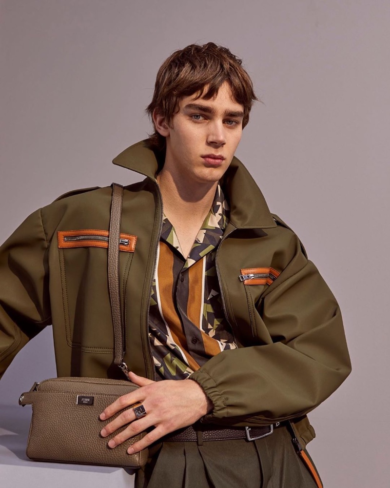 Front and center, Mitchell Gorthy models a voluminous look from Fendi's pre-fall 2020 collection.