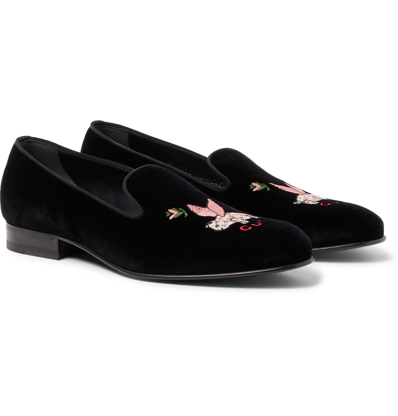 Gucci GrosgrainTrimmed Embroidered Velvet Loafers Men Black