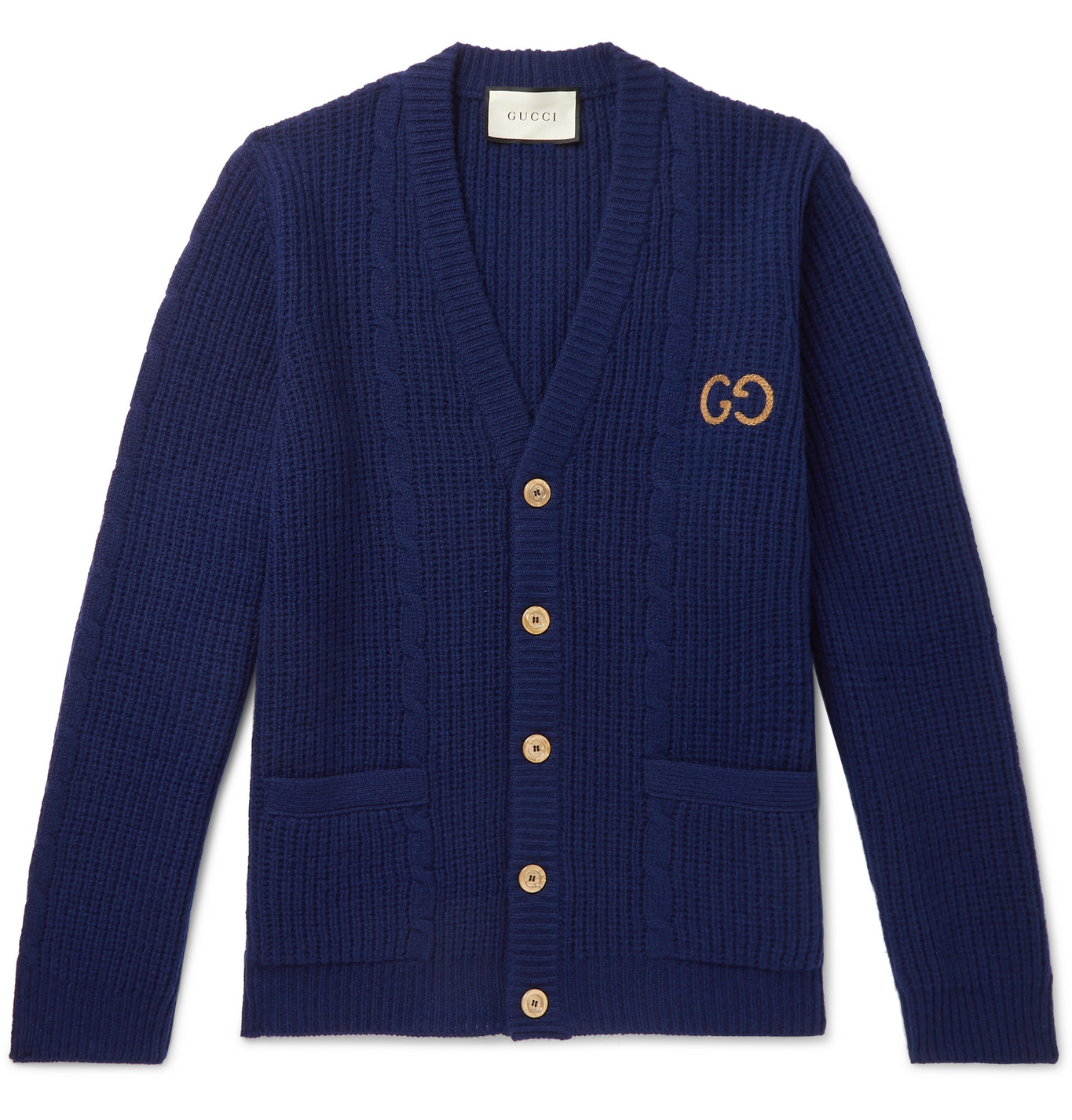 Gucci LogoEmbroidered CableKnit Wool Cardigan Men Blue The