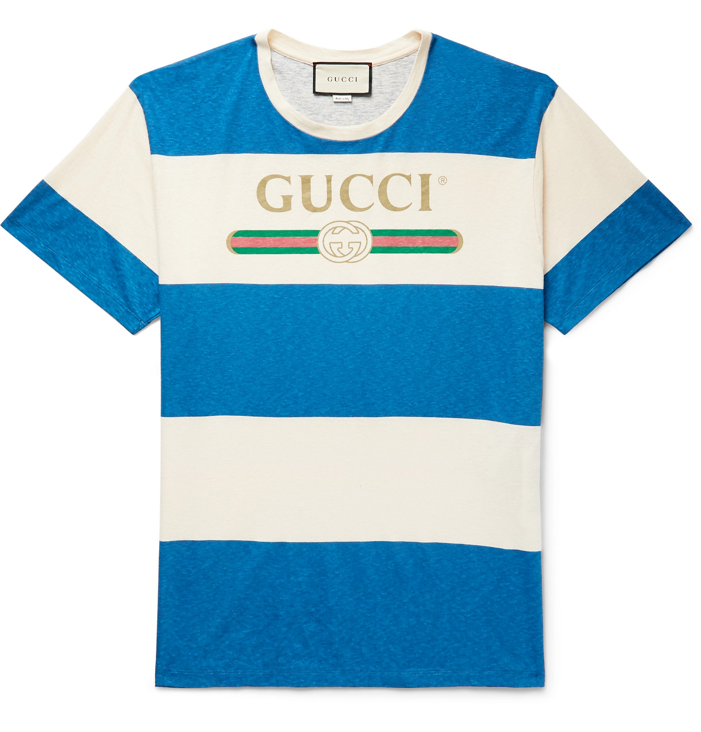 Gucci - Logo-Print Striped Cotton and Hemp-Blend T-Shirt - Men - Blue ...