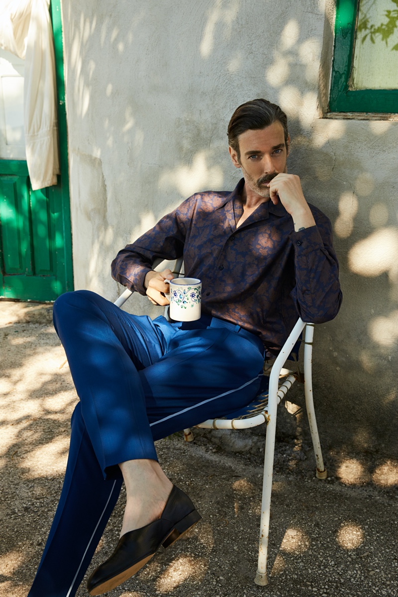 A chic vision, Richard Biedul sports a sleek ensemble from Luca Larenza's spring-summer 2021 collection.