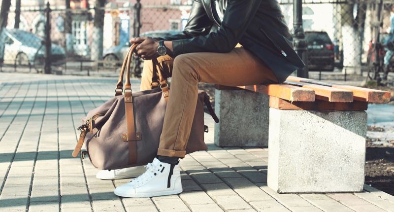 Man Leather Jacket Sneakers Bag Bench