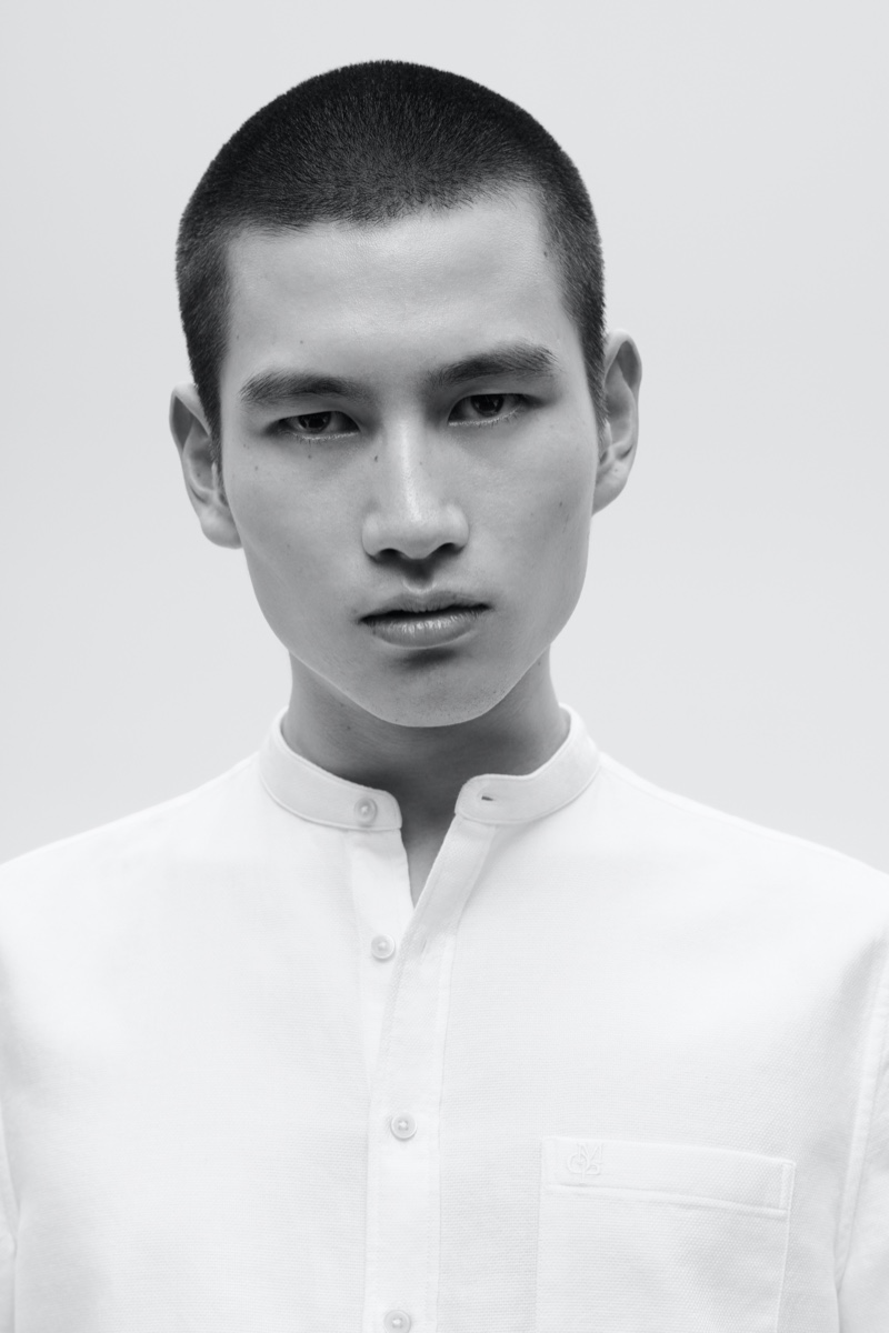 Kohei Takabatake dons a grandad collar shirt from Marc O'Polo's white capsule collection.