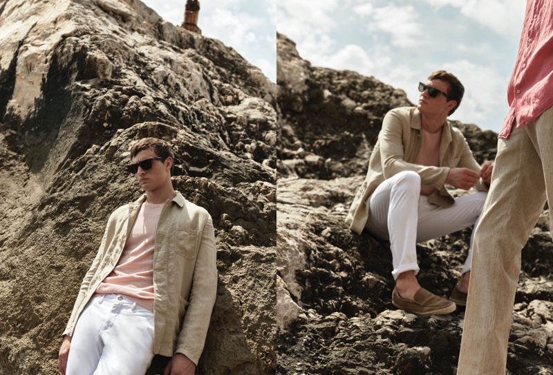 Julian Schneyder sports a lightweight linen jacket with a crewneck and pants from Massimo Dutti.