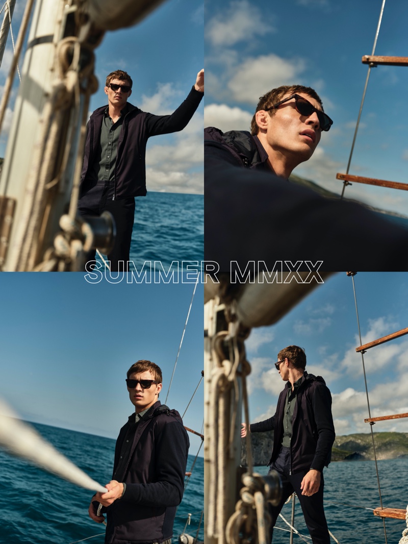 A nautical vision, Julian Schneyder sports a knit jacket with a slim-fit shirt and chinos from Massimo Dutti.