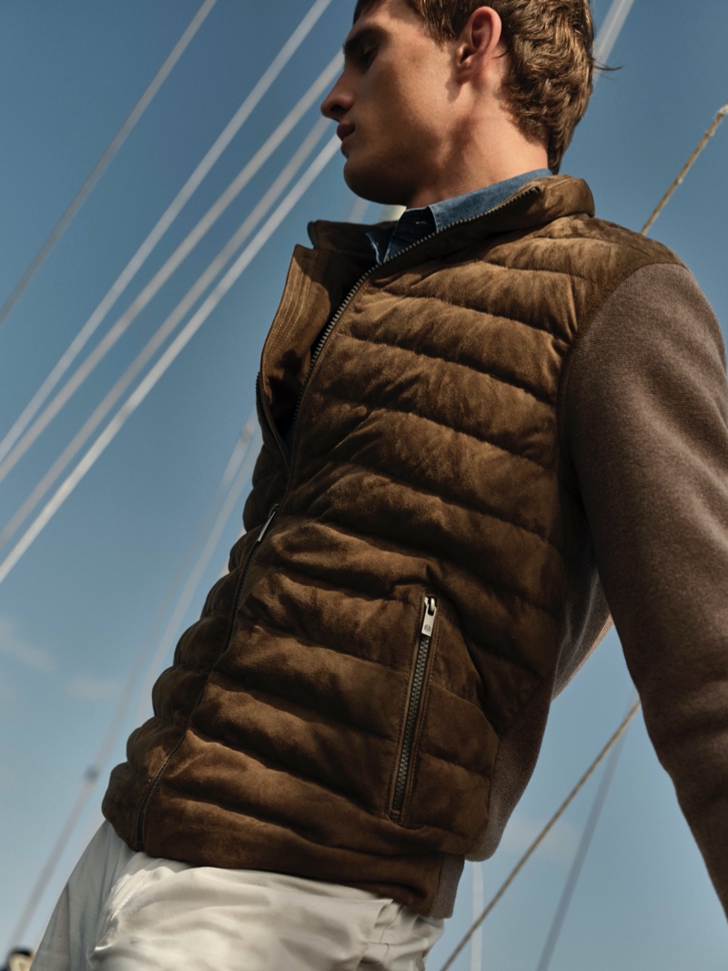 Reuniting with Massimo Dutti for summer, Julian Schneyder dons a suede jacket and denim shirt with slim-fit denim-effect trousers. » Out of the Blue: Julian & Rachide Sport Nautical Attire for Massimo Dutti Reuniting with Massimo Dutti for summer, Julian Schneyder dons a suede jacket and denim shirt with slim-fit denim-effect trousers.
