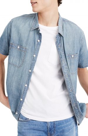 Men's Madewell Perfect Short Sleeve Chambray Button-Up Shirt, Size X-Small - Blue Men's Madewell Perfect Short Sleeve Chambray Button-Up Shirt, Size X-Small - Blue