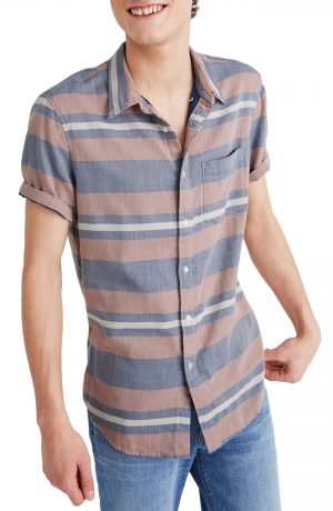 Men's Madewell Ransell Stripe Double Weave Perfect Short Sleeve Shirt, Size Large - Blue Men's Madewell Ransell Stripe Double Weave Perfect Short Sleeve Shirt, Size Large - Blue