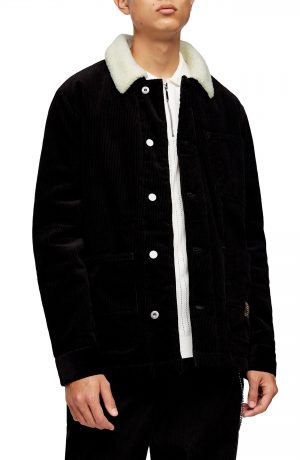 Men's Topman Borg Faux Fleece Lined Corduroy Chore Jacket, Size X-Small - Black Men's Topman Borg Faux Fleece Lined Corduroy Chore Jacket, Size X-Small - Black