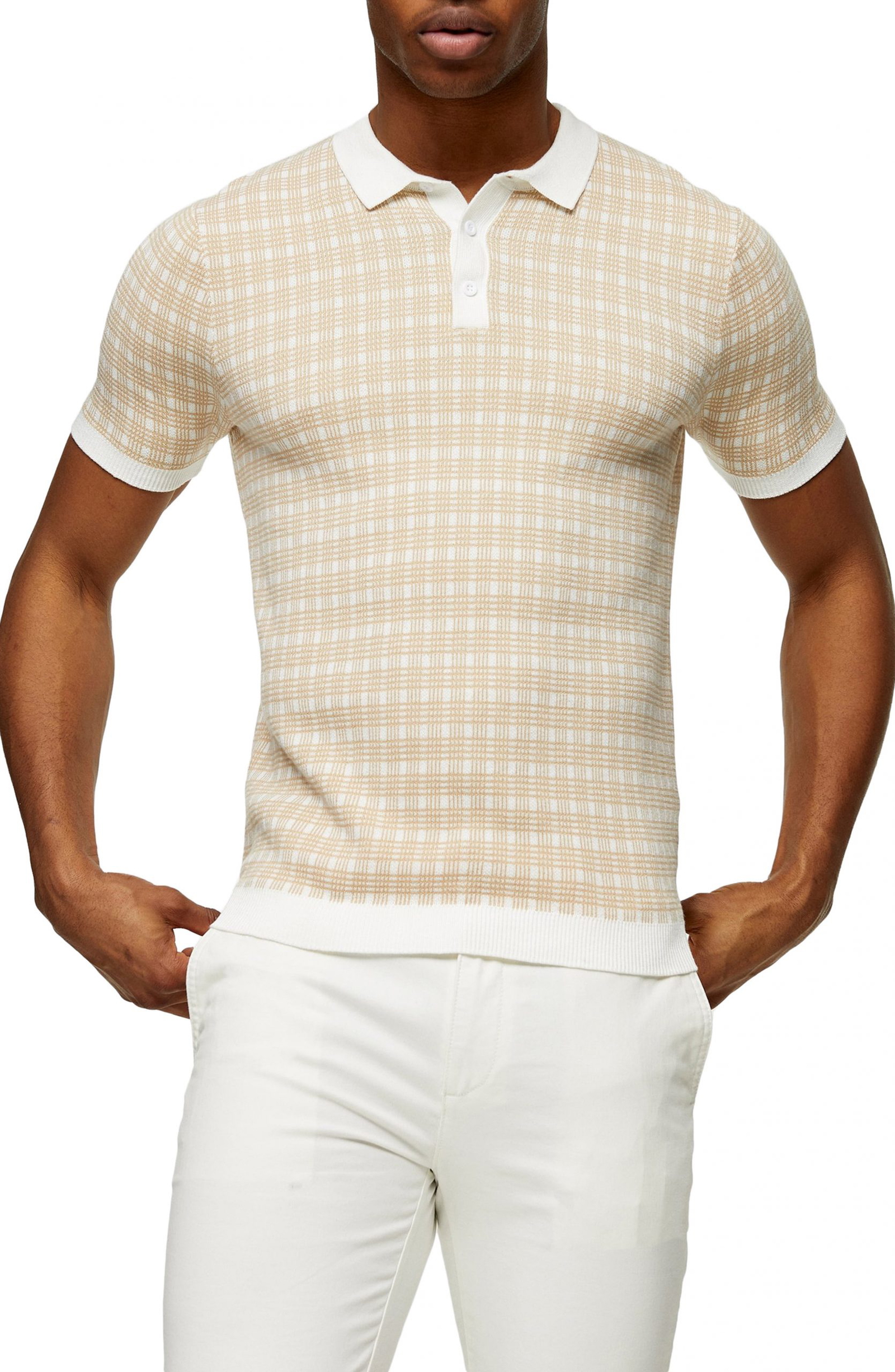 Men’s Topman Check Short Sleeve Knit Polo, Size Medium - Beige | The ...